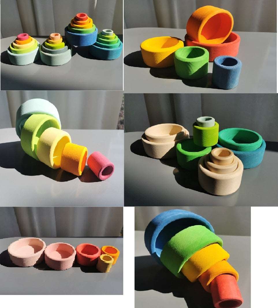 Montessori Wooden Rainbow Nesting Bowls and Arch Stacker Blocks
