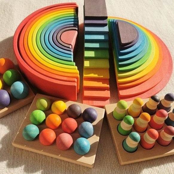 Montessori Large Rainbow Basswood Stacking Blocks, Peg Dolls, Matching Balls